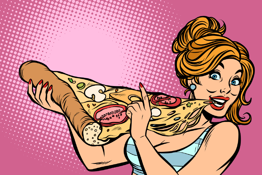 Girl Eating Huge Pizza Illustration Print 100% Australian Made