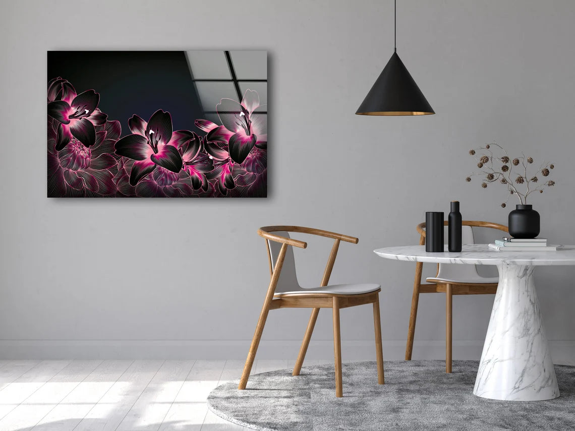 Black & Pink Flowers Line Design Acrylic Glass Print Tempered Glass Wall Art 100% Made in Australia Ready to Hang