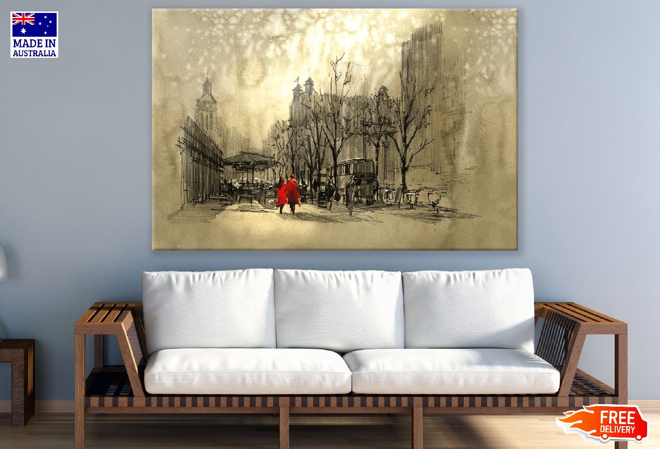 Couple in Red Walking on Street of City Painting Print 100% Australian Made