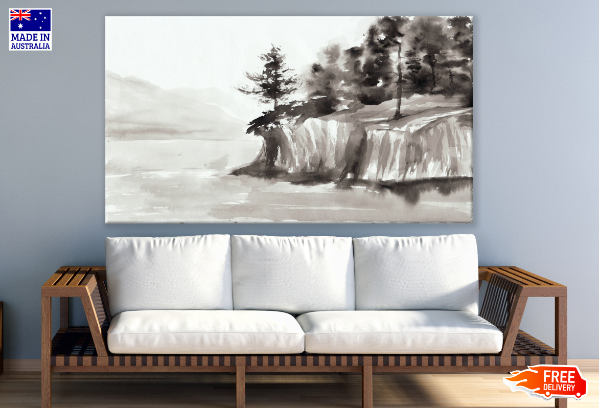 Lake and a Tree on a Cliff Painting Print 100% Australian Made