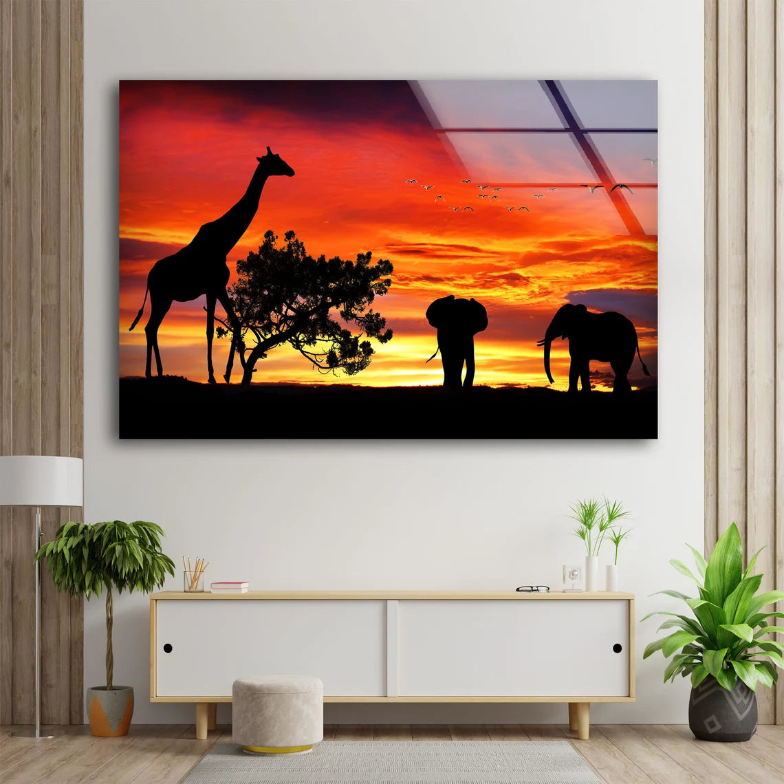 Giraffe & Elephants Sunset Design Acrylic Glass Print Tempered Glass Wall Art 100% Made in Australia Ready to Hang