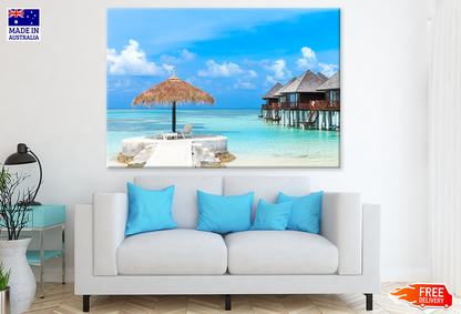 Beach Huts On Sea & Cloudy Sky View Print 100% Australian Made