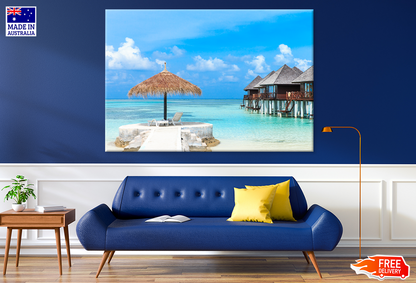 Beach Huts On Sea & Cloudy Sky View Print 100% Australian Made