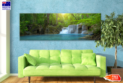 Panoramic Canvas Stunning Waterfall In Forest High Quality 100% Australian made wall Canvas Print ready to hang