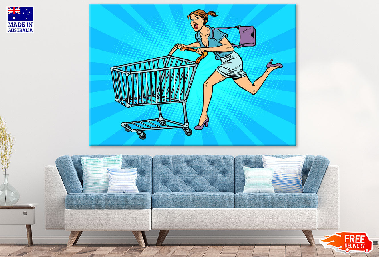 Girl Running with Shopping Cart Illustration Print 100% Australian Made