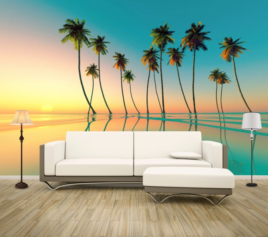 Wallpaper Murals Peel and Stick Removable Palm Tree with Beach & Pool View High Quality