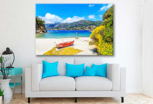 Bella Home Boat on Beach & Blue Sea View Print Canvas Ready to hang