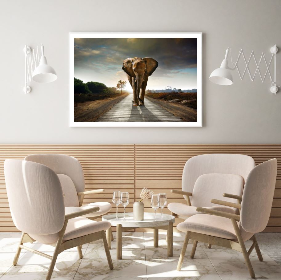 Elephant Walking on Road Photograph Home Decor Premium Quality Poster Print Choose Your Sizes