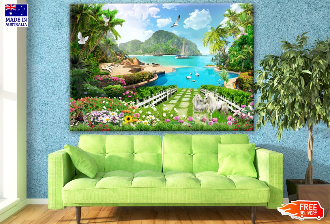Stunning Landscape with Boats & Animals with beach Print 100% Australian Made