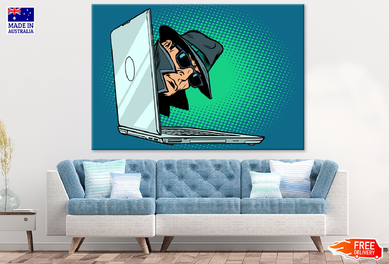Spy Peeping Through Laptop Illustration Print 100% Australian Made