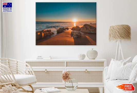 Rocks On Sea Shore & Sunset View Photograph Print 100% Australian Made