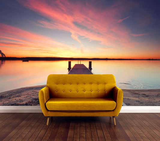 Wallpaper Murals Peel and Stick Removable Wooden Pier Over Lake at Sunset High Quality