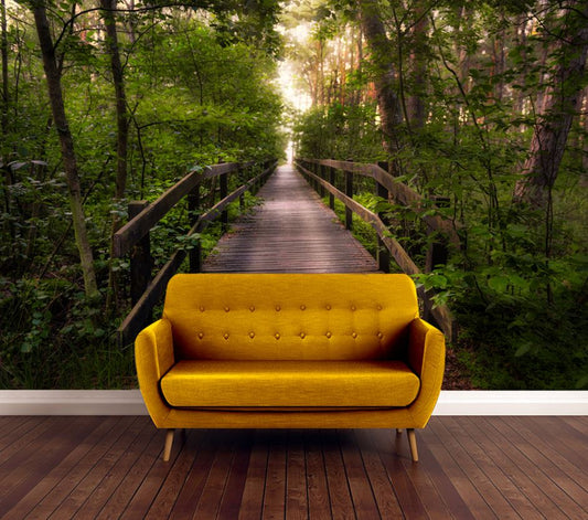 Wallpaper Murals Peel and Stick Removable Wooden Bridge in Forest High Quality