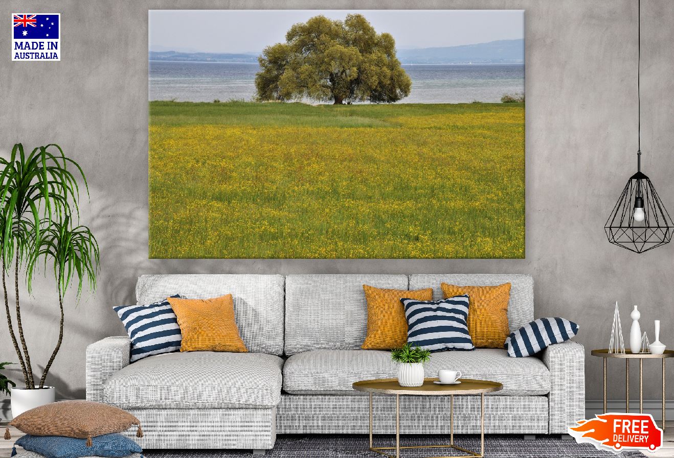 Tree on Grass Field Near Lake Photograph Print 100% Australian Made