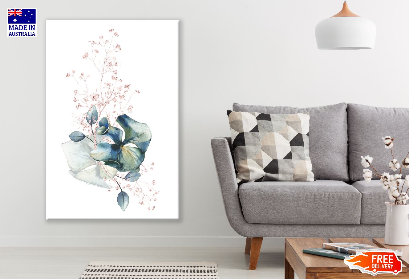 Leaves & Blue Flowers Watercolor Line Art Design Print 100% Australian Made