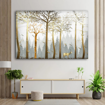 Trees & Deer Gold 3D Design Acrylic Glass Print Tempered Glass Wall Art 100% Made in Australia Ready to Hang