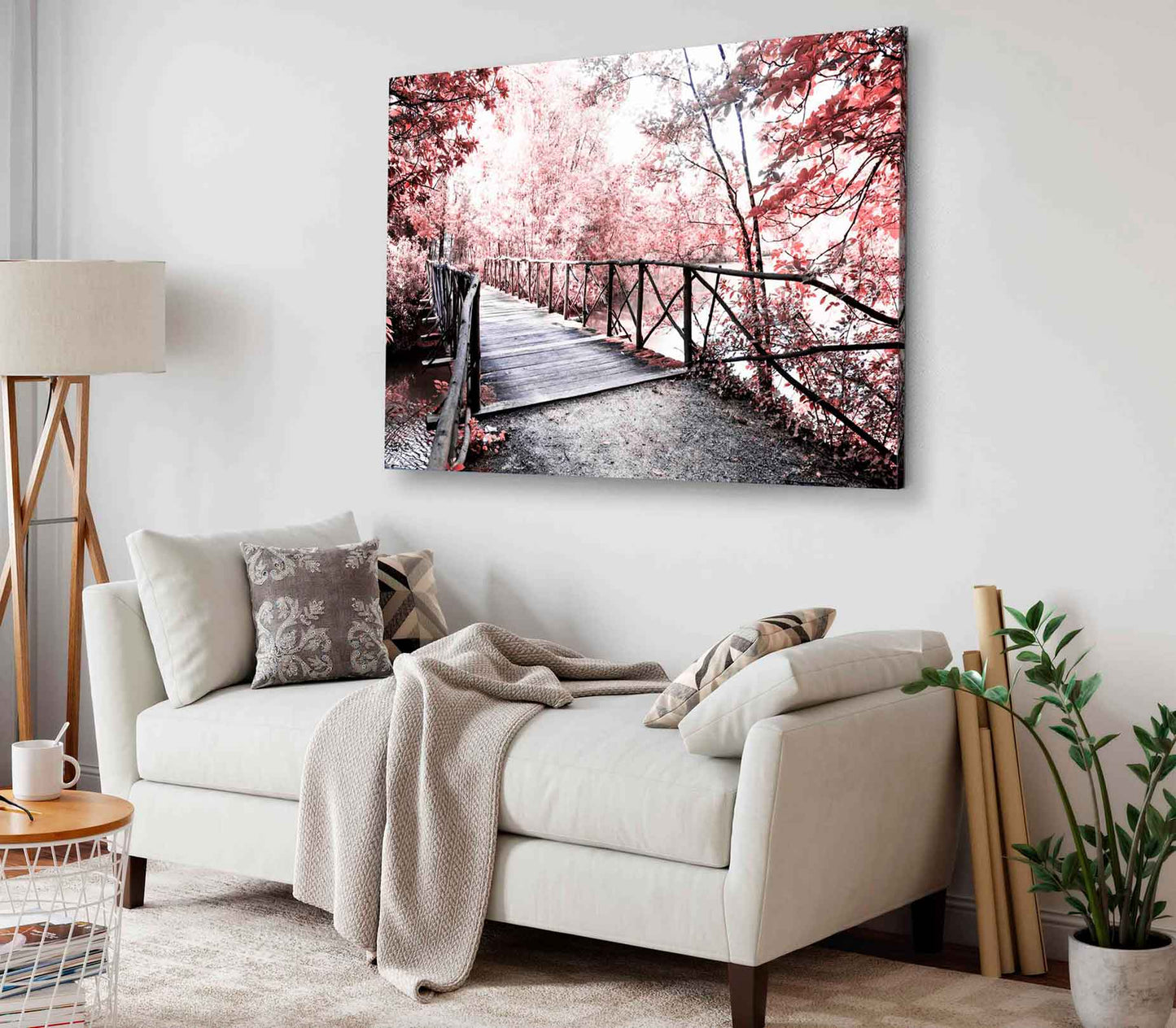 Bella Home Forest Bridge With Red Autumn Trees Print Canvas Ready to hang