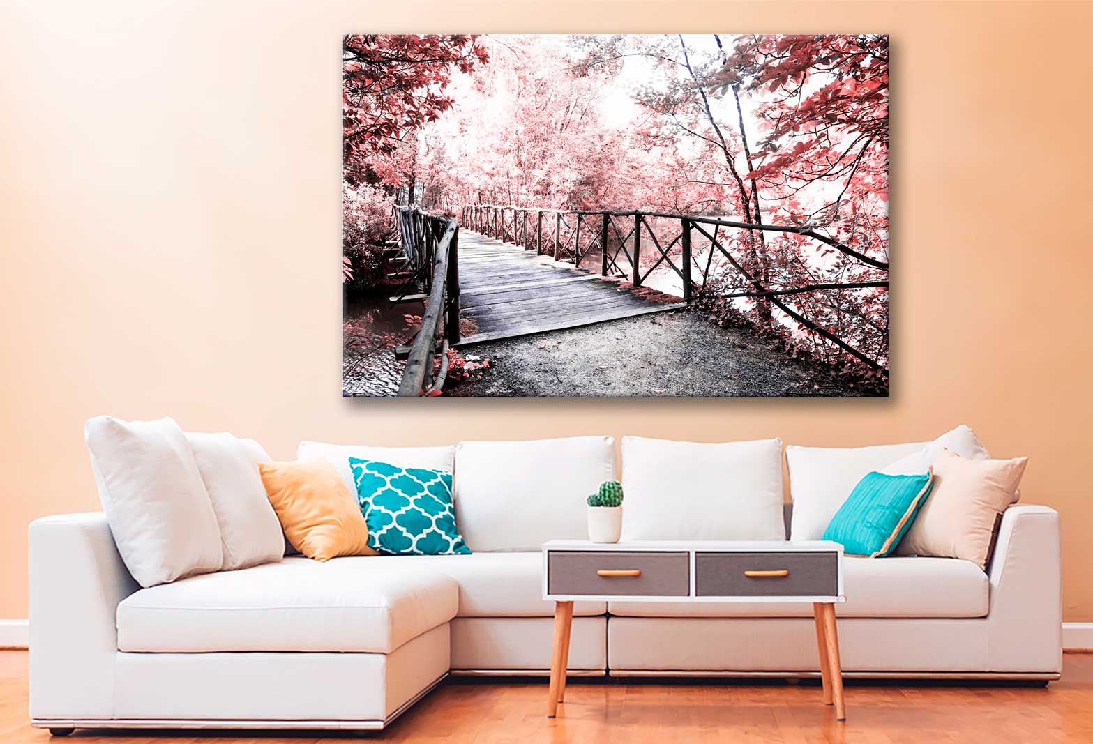 Bella Home Forest Bridge With Red Autumn Trees Print Canvas Ready to hang