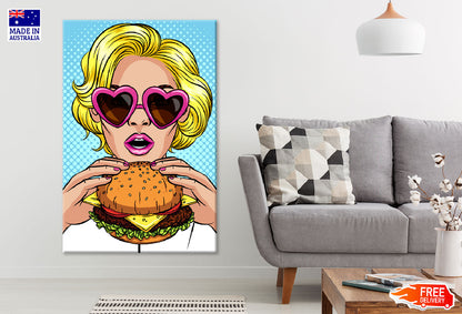 Girl with Heart Shaped Glasses Eating a Burger Illustration Print 100% Australian Made