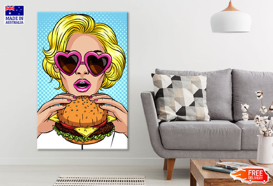 Girl with Heart Shaped Glasses Eating a Burger Illustration Print 100% Australian Made