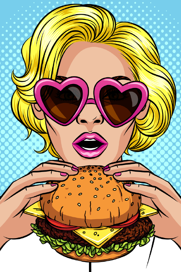 Girl with Heart Shaped Glasses Eating a Burger Illustration Print 100% Australian Made