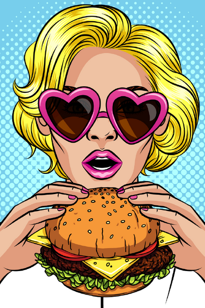 Girl with Heart Shaped Glasses Eating a Burger Illustration Print 100% Australian Made