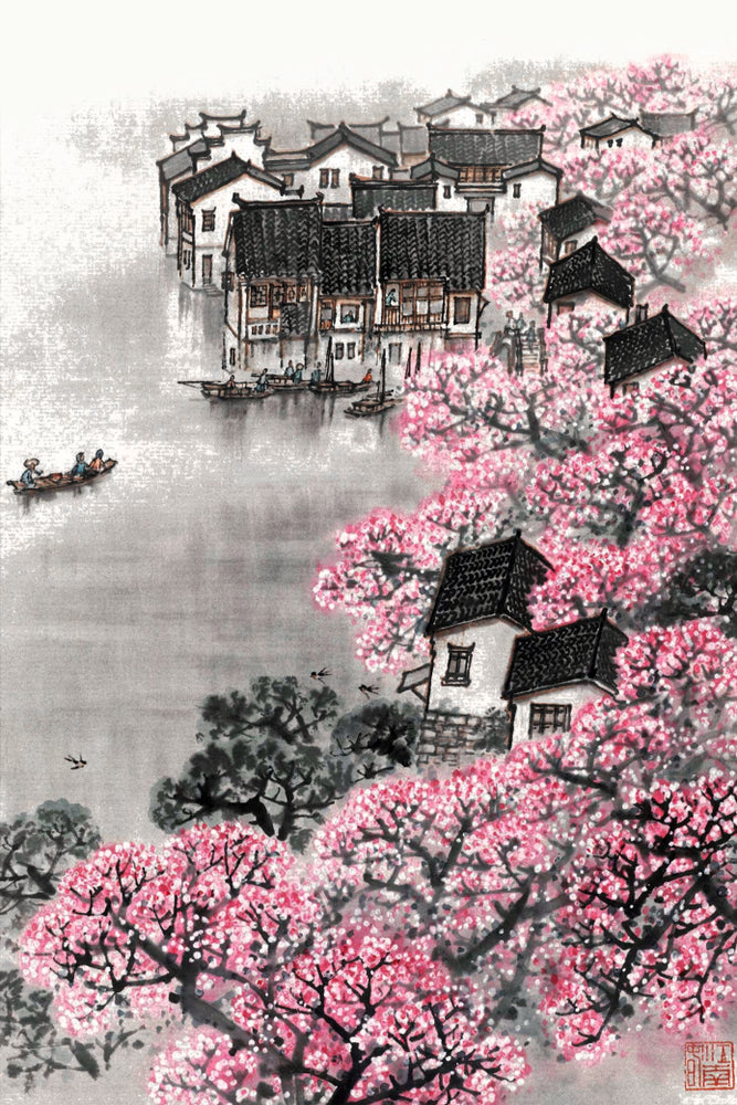 Pink Flower Trees & Houses Painting Print 100% Australian Made