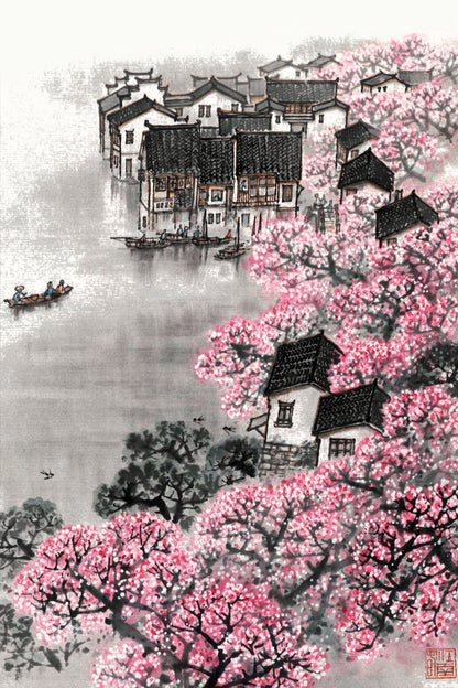 Pink Flower Trees & Houses Painting Print 100% Australian Made