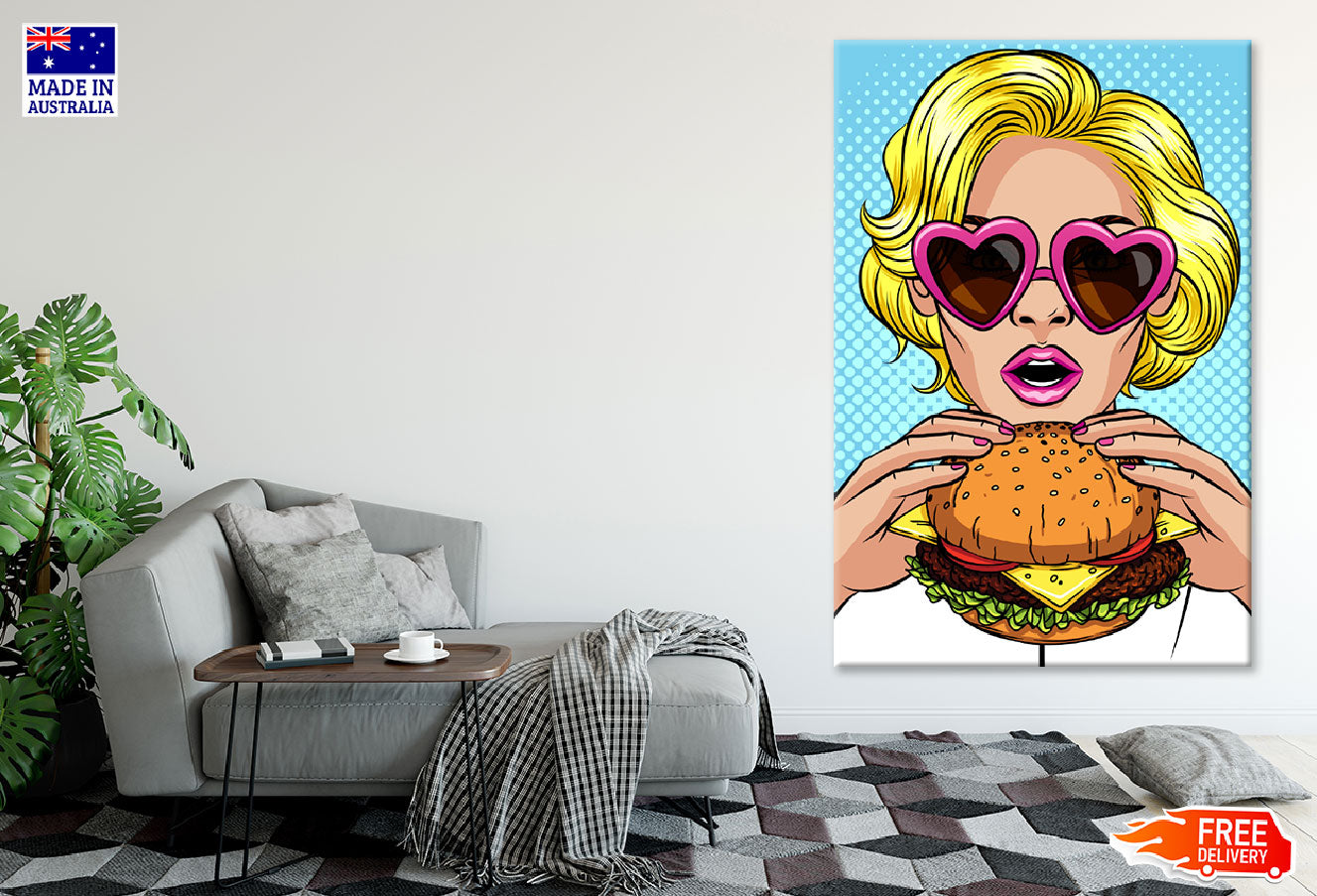 Girl with Heart Shaped Glasses Eating a Burger Illustration Print 100% Australian Made