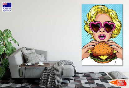 Girl with Heart Shaped Glasses Eating a Burger Illustration Print 100% Australian Made