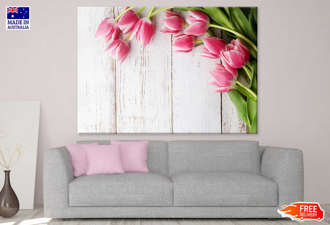 Pink Tulips On Wooden Table View Photograh Print 100% Australian Made