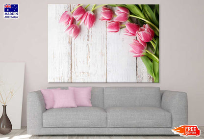 Pink Tulips On Wooden Table View Photograh Print 100% Australian Made