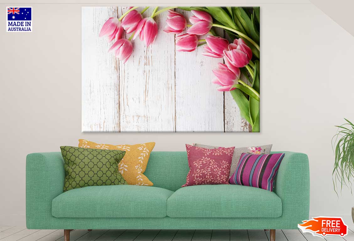 Pink Tulips On Wooden Table View Photograh Print 100% Australian Made