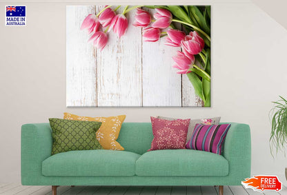 Pink Tulips On Wooden Table View Photograh Print 100% Australian Made
