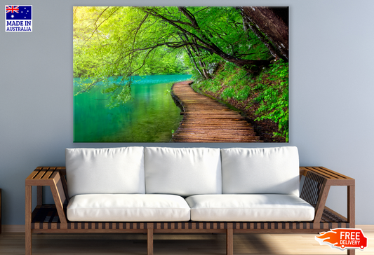 Wooden Pier Bridge Along Blue Lake Print 100% Australian Made