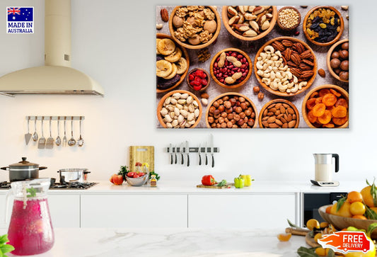 Nuts and Dried Fruits in Wooden Bowls Top View Photograph Print 100% Australian Made