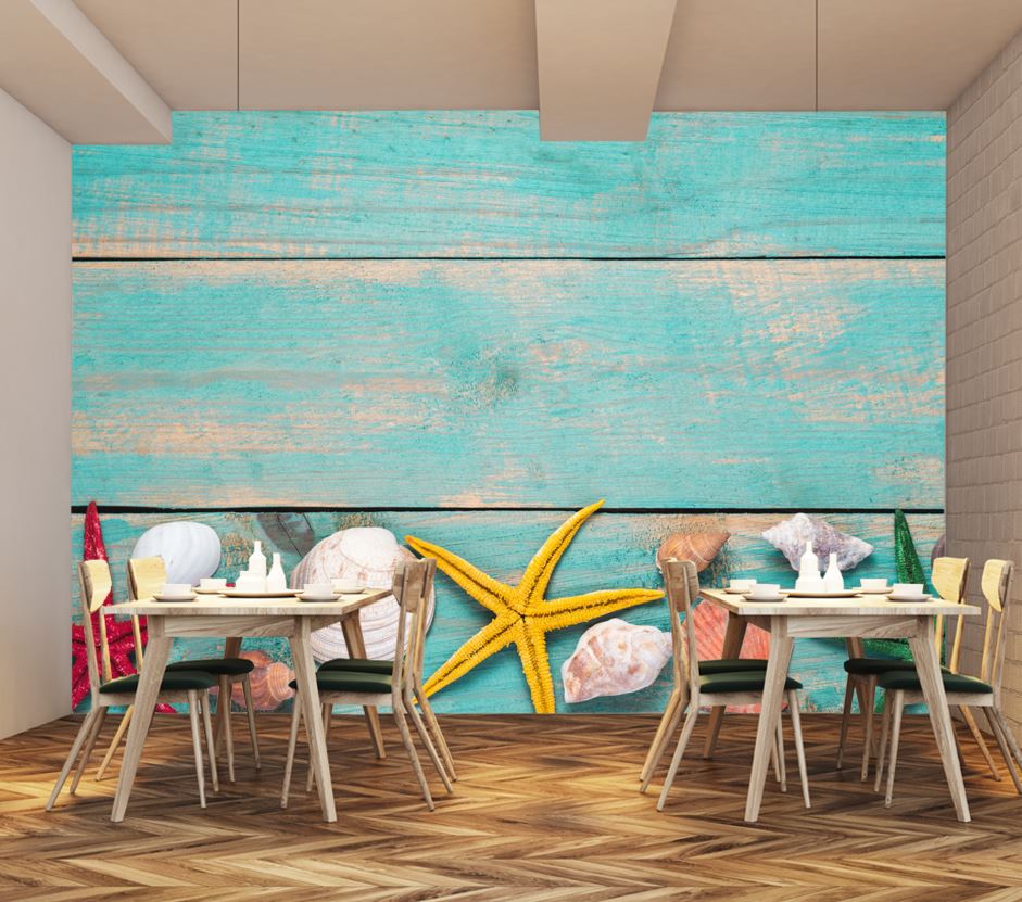 Wallpaper Murals Peel and Stick Removable Sea Shells On a Wooden Board High Quality