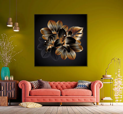 Square Canvas Gold & Black Floral Design High Quality Print 100% Australian Made