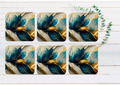 Gold & Blue Leave Abstract Coasters Wood & Rubber - Set of 6 Coasters