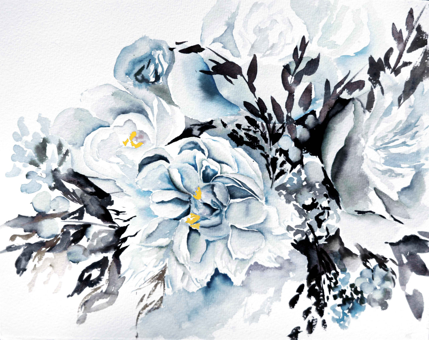 Blue White Flower with Leaves Watercolor Painting Print 100% Australian Made