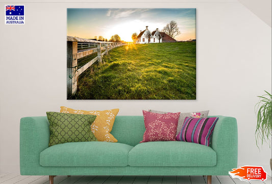 House & Green Grass Field Sunset Photograph Print 100% Australian Made