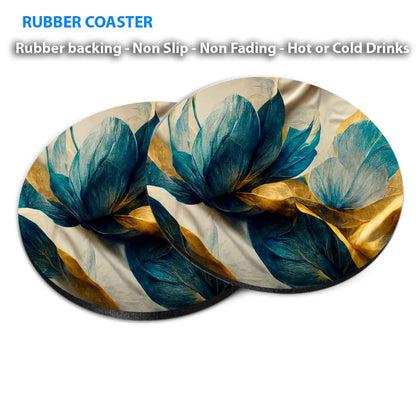 Gold & Blue Leave Abstract Coasters Wood & Rubber - Set of 6 Coasters