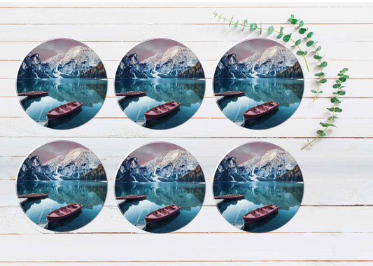 Wooden Boat at The Alpine Mountain Lake Coasters Wood & Rubber - Set of 6 Coasters