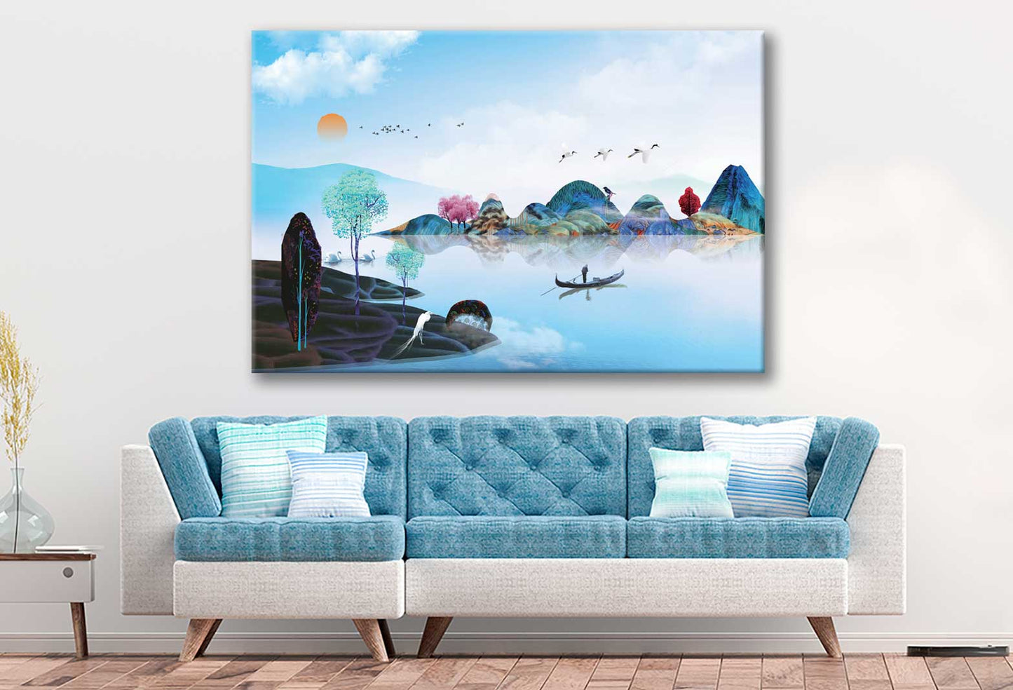 Bella Home Boat on Lake 3D Mural Landscape Print Canvas Ready to hang