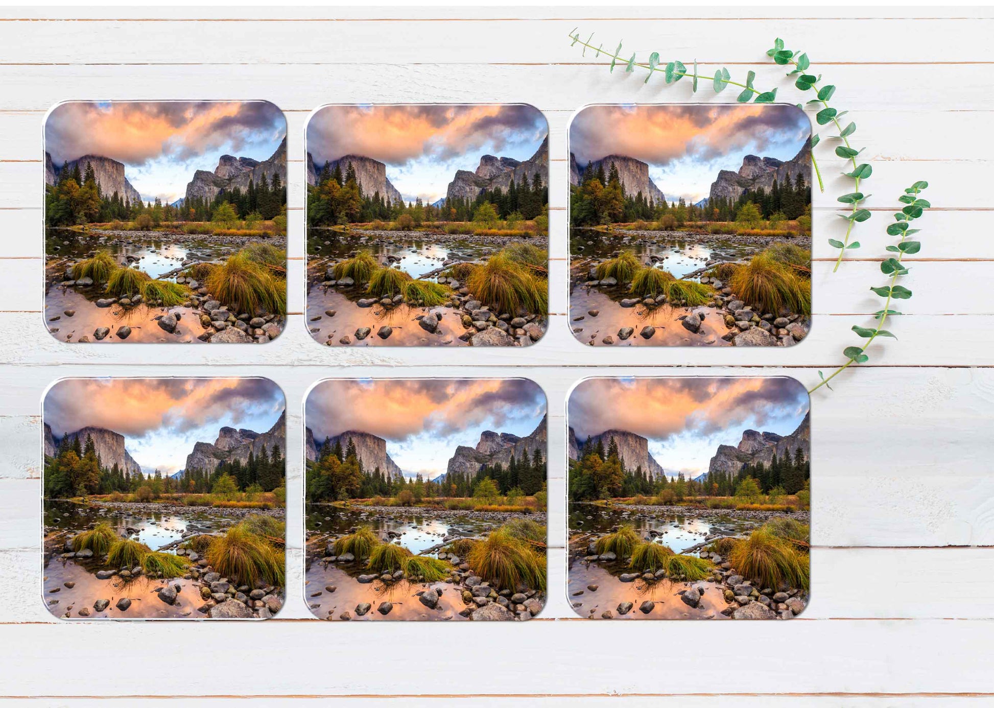 Valley View Yosemite National Park Coasters Wood & Rubber - Set of 6 Coasters