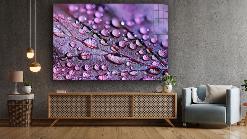 Purple Leaf on Droplet Print Tempered Glass Wall Art 100% Made in Australia Ready to Hang