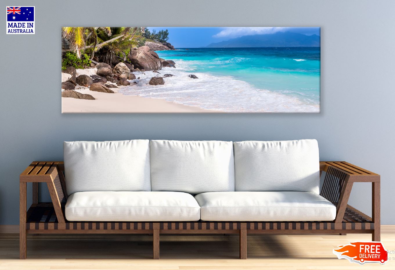 Panoramic Canvas Rocks on Sandy Beach View Photograph High Quality 100% Australian Made Wall Canvas Print Ready to Hang