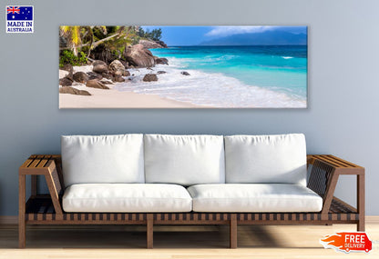 Panoramic Canvas Rocks on Sandy Beach View Photograph High Quality 100% Australian Made Wall Canvas Print Ready to Hang