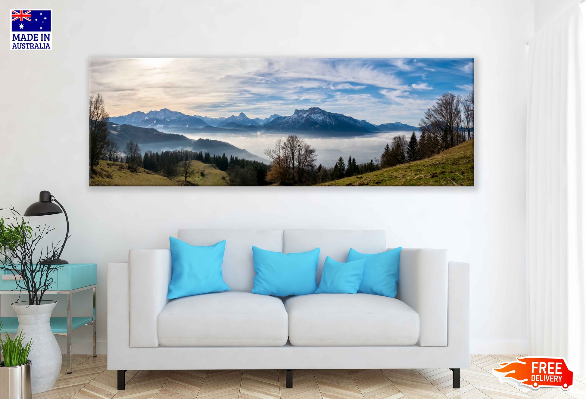 Panoramic Canvas Foggy Mountains View Photograph High Quality 100% Australian Made Wall Canvas Print Ready to Hang
