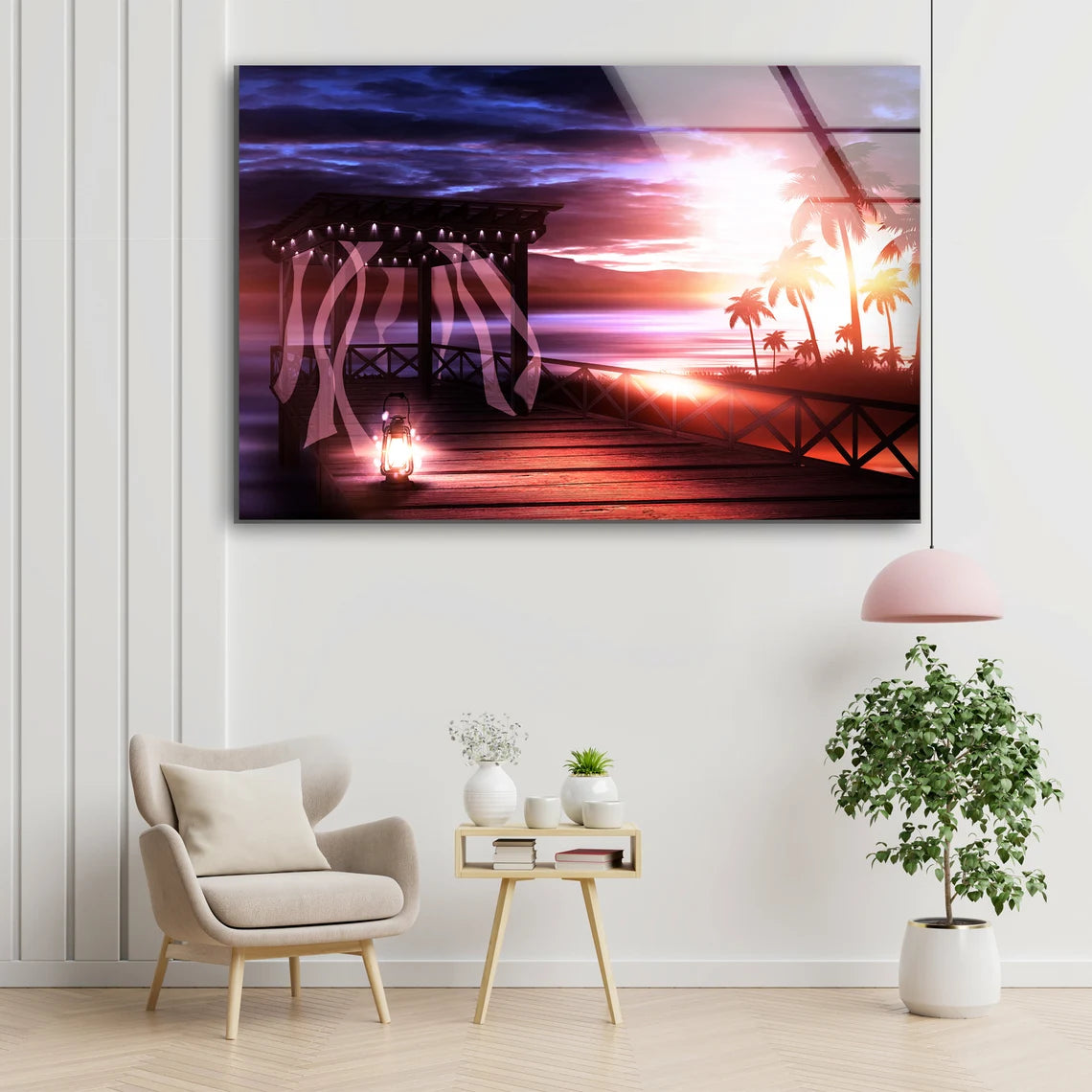 Wooden Pier, Palm Trees & Lantern Design Acrylic Glass Print Tempered Glass Wall Art 100% Made in Australia Ready to Hang